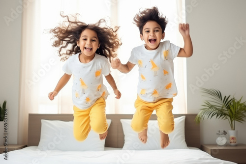 playful indian siblings jumping on the bed photo