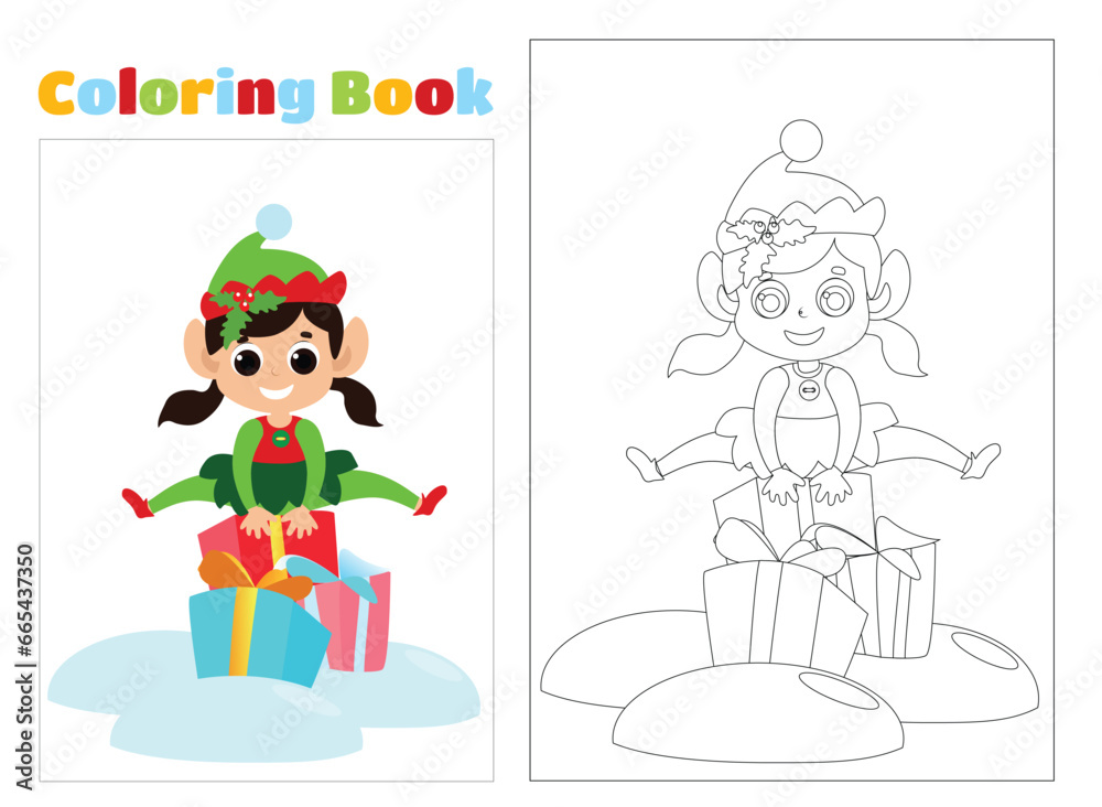 Coloring page. Little elf girl jumps over gift boxes. The child is ...