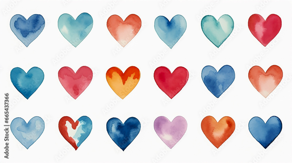 Color hearts set, illustration. Collection of colorful hearts on white background, for design. Concept valentine's day, Love symbol. Watercolor drawing.