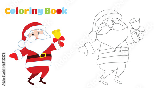 Coloring page.Santa Claus is running or dancing with a bell in his hands. Winter funny character design. Christmas illustration in cartoon flat style. © Kateryna Polishchuk