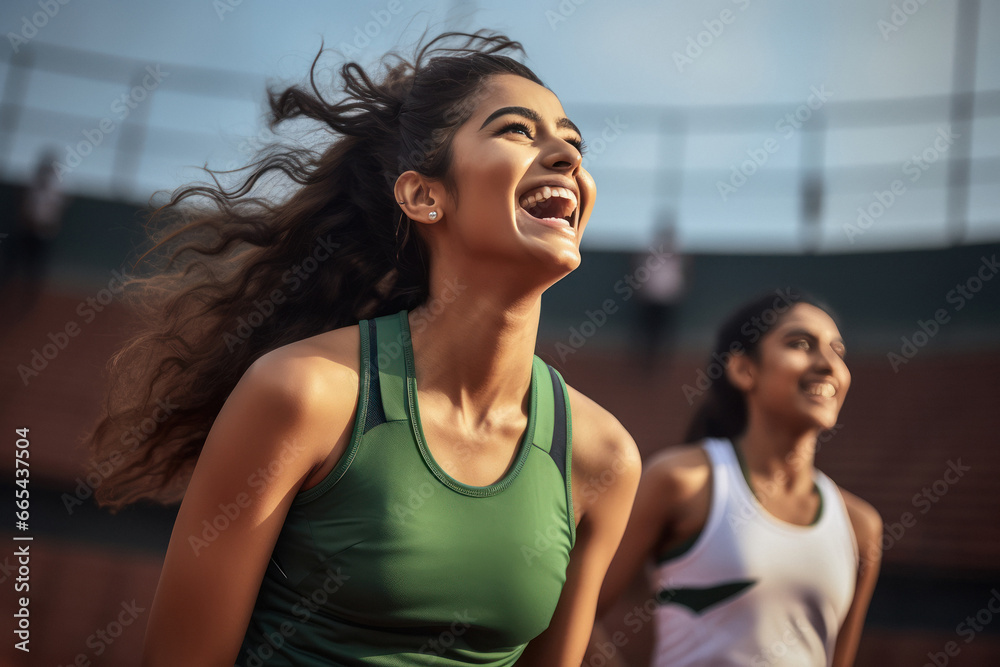 Happy Indian young sportswoman in the stadium