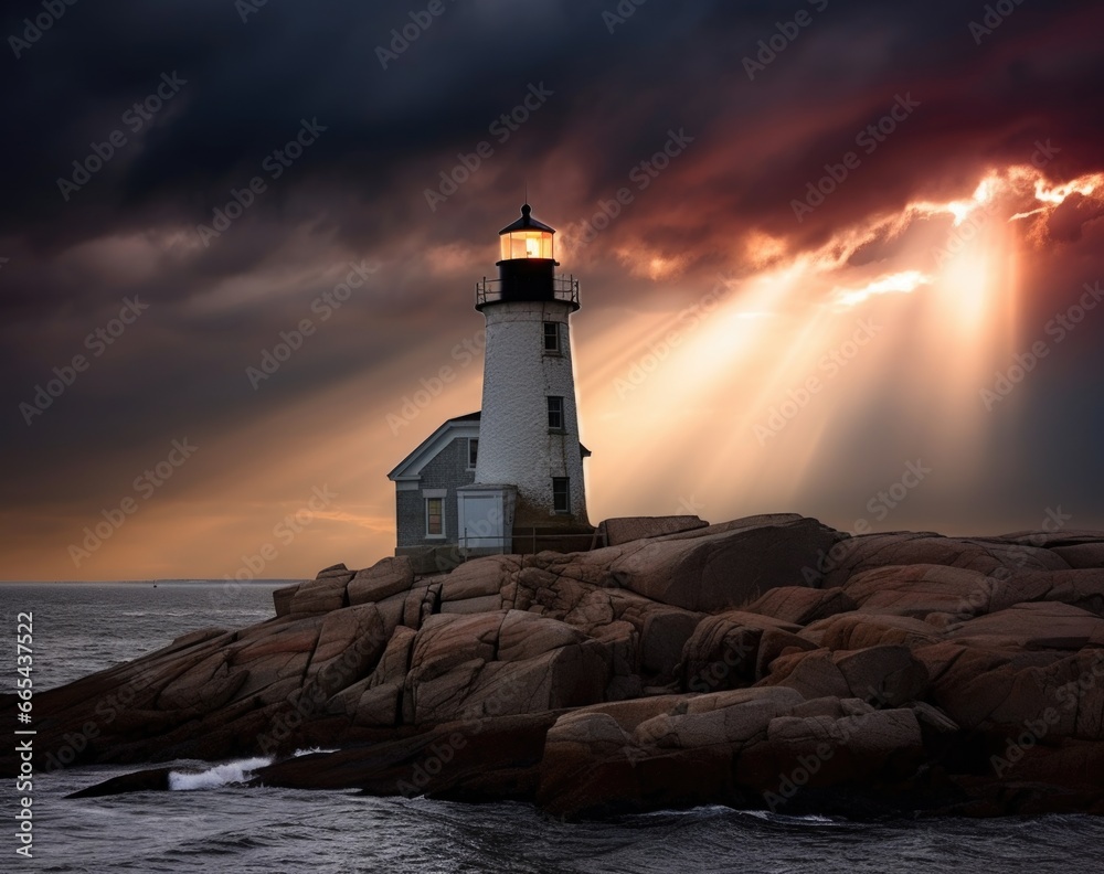 Lighthouse above Rocky Shore with Rays of Light Through Clouds