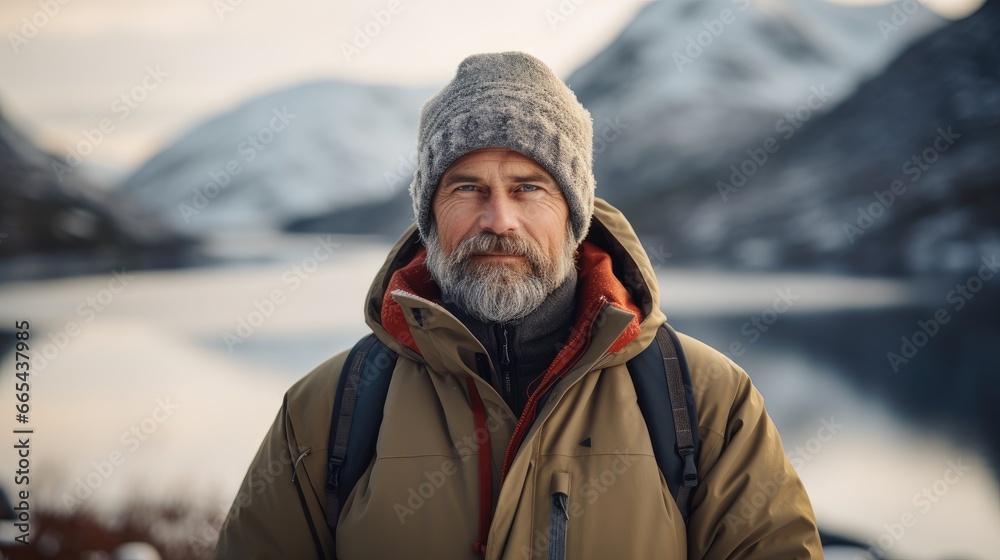 a portrait of a man wearing a cozy winter jacket and cap