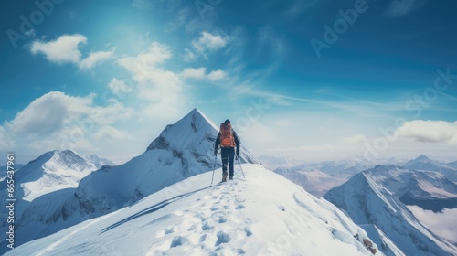 a person climbing up a snow-covered mountain