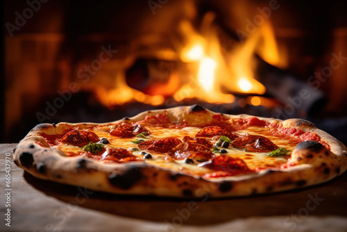 A delicious, hot, Italian pizza in front of a charcoal oven with a burning fire.