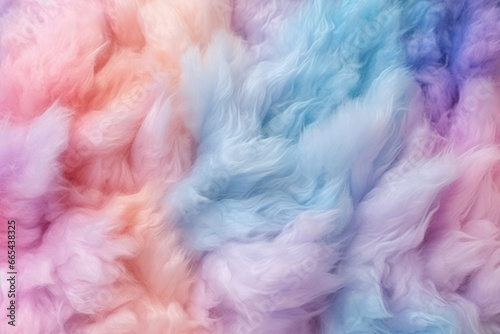 Full-surface texture of colorful rainbow-colored cotton candy resembling clouds.