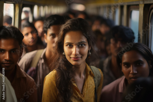 Indian young woman standing in local train