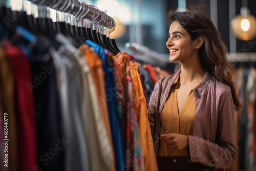 Young Indian woman standing in front of a row of suits in a mall