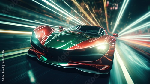 fast moving green and red stripe supercar on  the highway at night photo