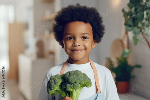 African American boy with broccoli in his hands in the kitchen at home