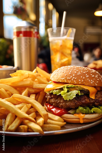 Large plate with hamburger and fries on the table in a fast food cafe