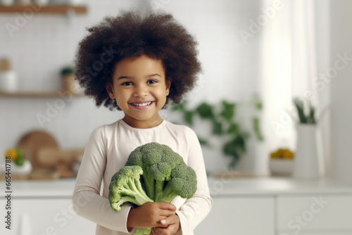 African American child with broccoli in her hands in the kitchen at home