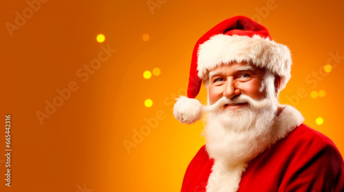 Smiling elderly gray-haired mustache bearded Santa man in Christmas hat posing isolated on yellow wall background, studio portrait. Ai generated
