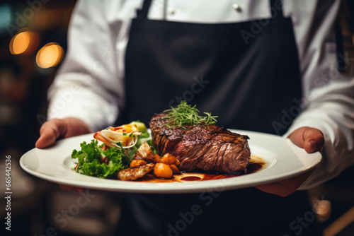Waiter holding a plate with grilled beef steak with roasted vegetables on a side. Serving fancy food in a restaurant.