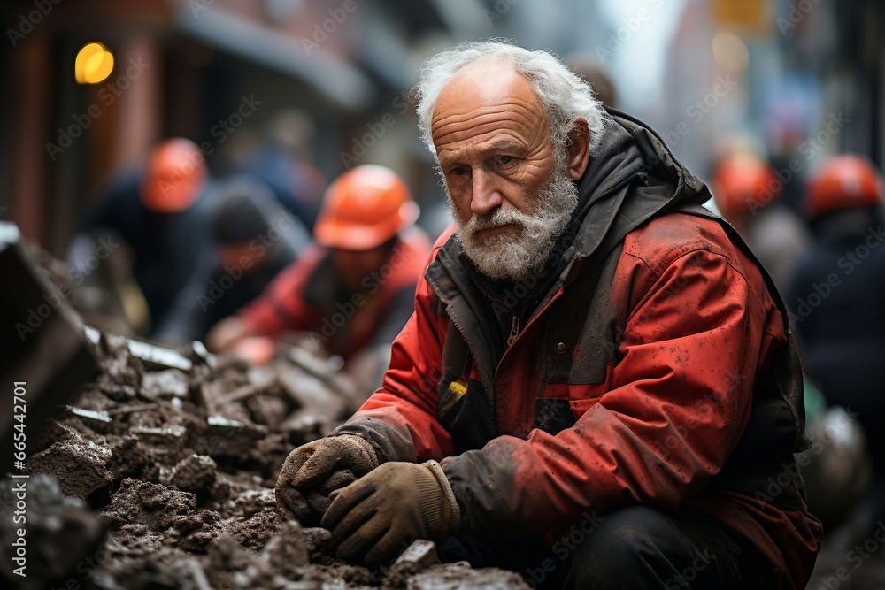 a man in red jacket and gloves sitting on a pile of dirt a man in red jacket and gloves sitting on a pile of dirt