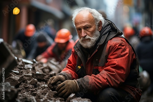 a man in red jacket and gloves sitting on a pile of dirt