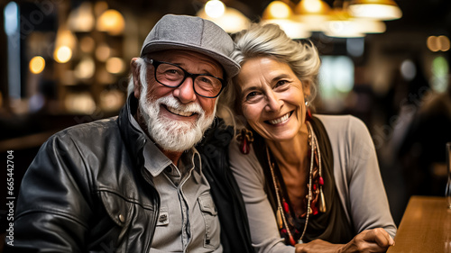 a candid photo of a cute old people couple laughing and having fun in the retirement house. couple with grey hair glasses and hat. Generative AI