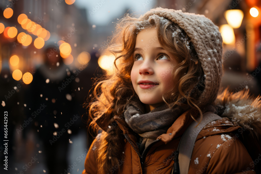 Beautiful girl having wonderful time on traditional Christmas market on winter evening. A child enjoying herself at Christmas fair decorated with lights.