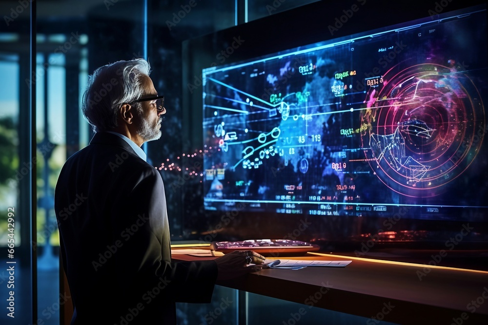 Fototapeta premium a man looking at a large screen