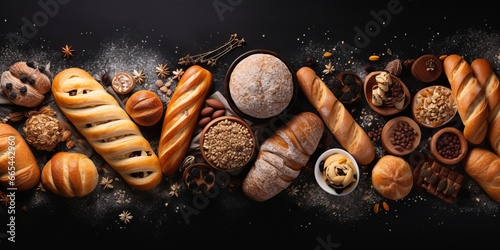 Bakery - various kinds of breadstuff. Bread rolls, baguette, bagel, sweet bun and croissant captured from above (top view, flat lay). Black background, free copy space. Horizontal banner layout. photo
