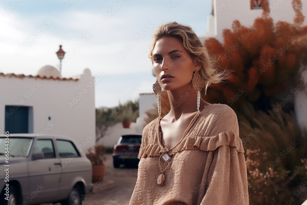 Mujer rubia de pie posando con un vestido de gasa marrón en un paisaje de la isla de Ibiza en España - obrazy, fototapety, plakaty 
