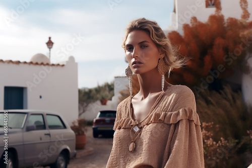 Mujer rubia de pie posando con un vestido de gasa marrón en un paisaje de la isla de Ibiza en España photo
