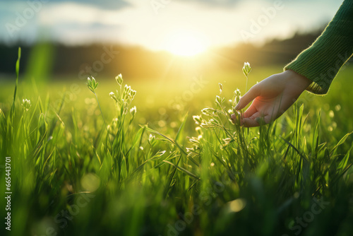 The grassy expanse kindly safeguards the Earth's ecosystem. A woman's hand caresses the grass blades. Earth's energy nurtures the mind and body, promoting health. The concept of healing.