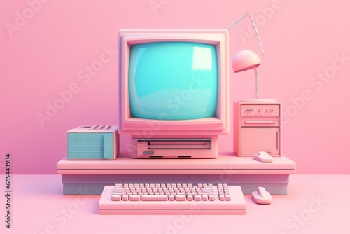 Retro pink computer on blue background, with system unit, monitor, keyboard, and mouse. Vintage pastel 3D rendering, minimal concept. Generative AI