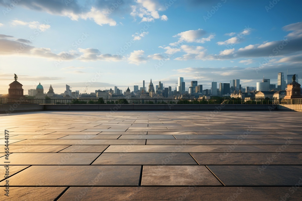 a stone floor with a city skyline in the background
