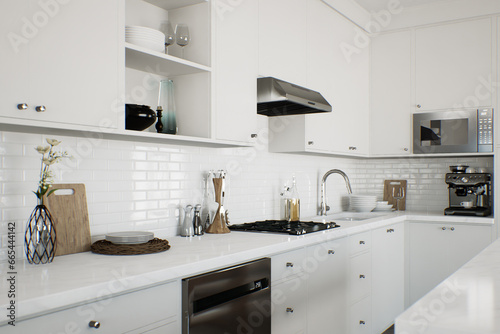 White kitchen with kitchen appliances and utensils