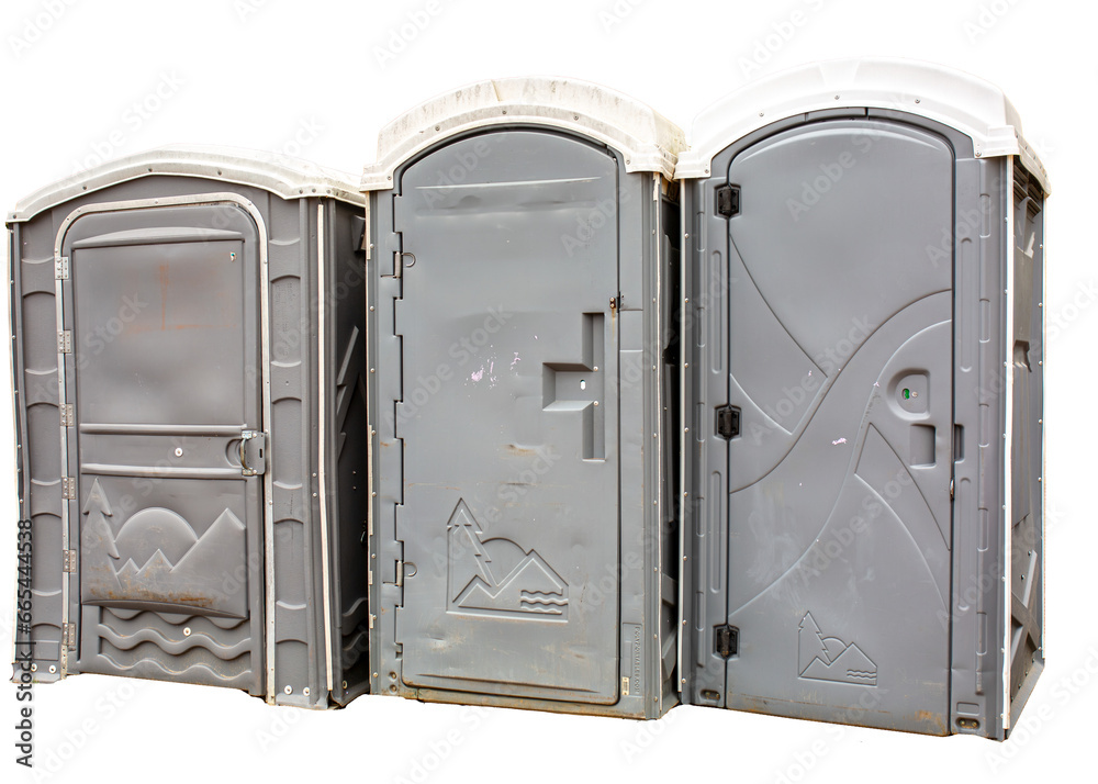 3 Porta johns porta potty againsts transparent background, high res png