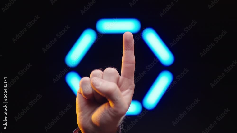 Raising finger asking for assistance on neon sign circle black background 4K