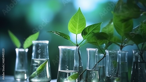 Biotechnology concept with green plant leaves, laboratory glassware, and conducting research, illustrating the powerful combination of nature and science in medical advancements.