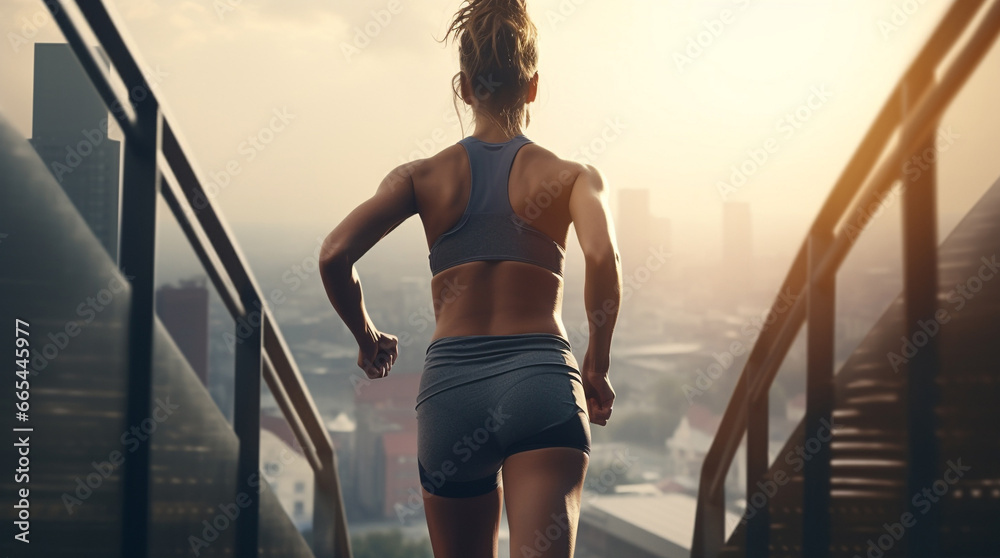 Fitness, sport, people, exercising and lifestyle concept - female running upstairs on city stairs. Sports woman running on the modern stairs in the city in the morning. Close-up back view. - obrazy, fototapety, plakaty 