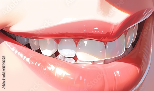 illustration of a woman with pink and white teeth	 photo