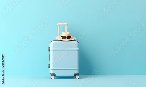 Blue suitcase with sunglasses on a pastel blue background,travel concept.