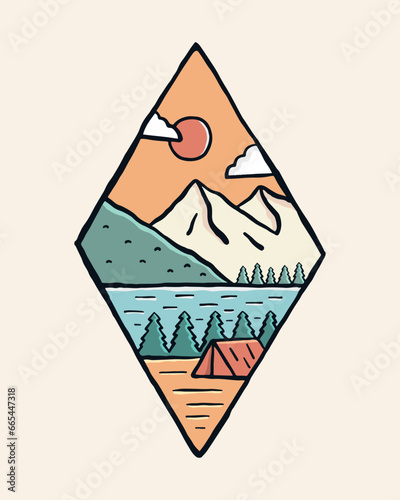 Camping near a lake under the mountain vintage vector t shirt sticker badge illustration