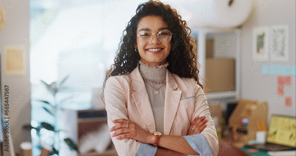 Portrait, business woman and fashion designer with arms crossed in clothes store or startup. Confidence, happy tailor and face of professional, entrepreneur and creative worker in glasses in Brazil - obrazy, fototapety, plakaty 