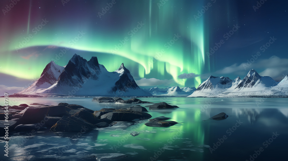 landscape of beautiful aurora borealis over snowy mountain background