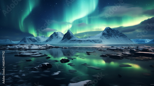 Landscape of beautiful aurora borealis over snowy mountain background