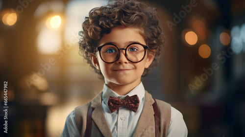 A boy is a young scientist nerd with transparent glasses