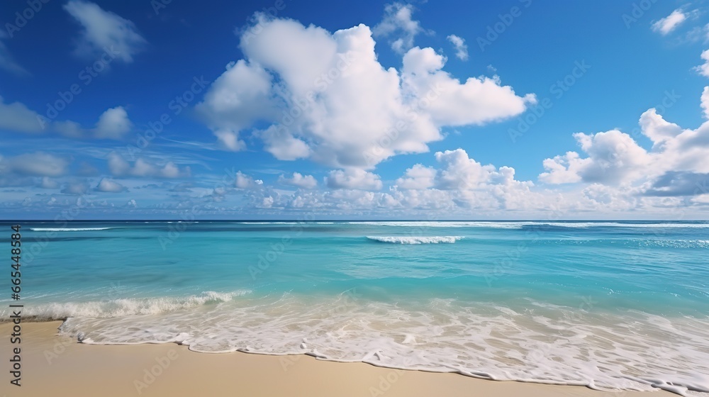 Obraz premium Panorama of a beautiful white sand beach. Holiday summer beach background.. Wave of the sea on the sand beach. generative AI