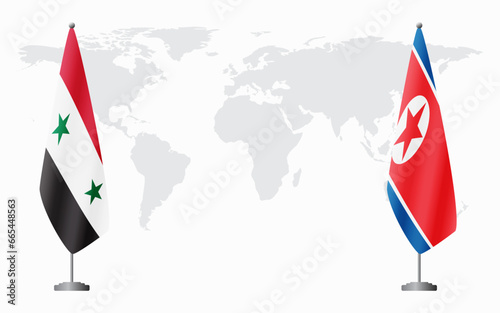 Syria and North Korea flags for official meeting