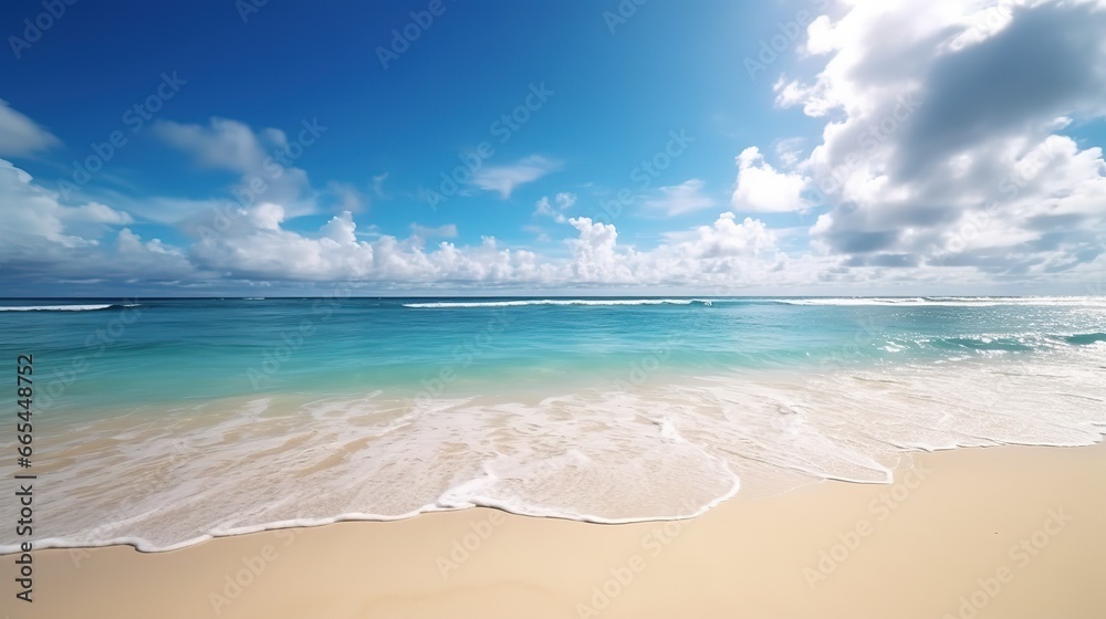 Panorama of a beautiful white sand beach. Holiday summer beach background.. Wave of the sea on the sand beach. generative AI