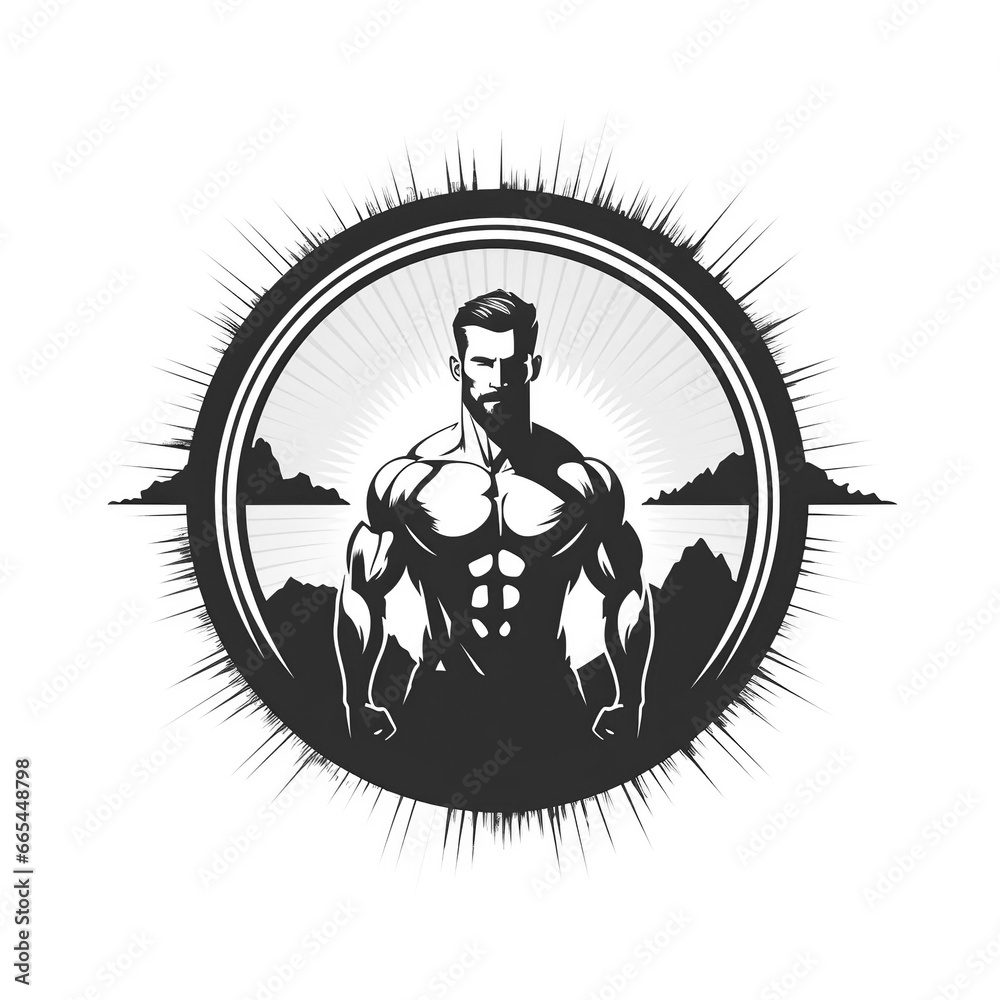 Naklejka premium round logo emblem with a silhouette of male athlete bodybuilder with a muscular body on a white background