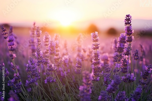 Close up lavender flowers in beautiful field at sunset. © MDBepul