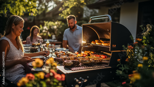 a photo of a family and friends having a picnic barbeque grill in the garden. having fun eating and enjoying time. sunny day in the summer. blur background. Generative AI