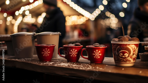 tres tazas rojas de bebida de chocolate caliente y símbolo de nieve en la taza apoyada sobre una mesa de un mercado de navidad en invierno por la noche, al fondo luces de navidad. photo