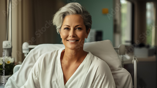 a portrait of a beautiful mature american adult woman patient in a clinic hospital room on a bed receiving good news. happy smiling woman. perfect for ad. Generative AI