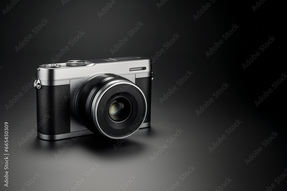 Camera on a black and silver background in a minimalistic style, clean and stylish.